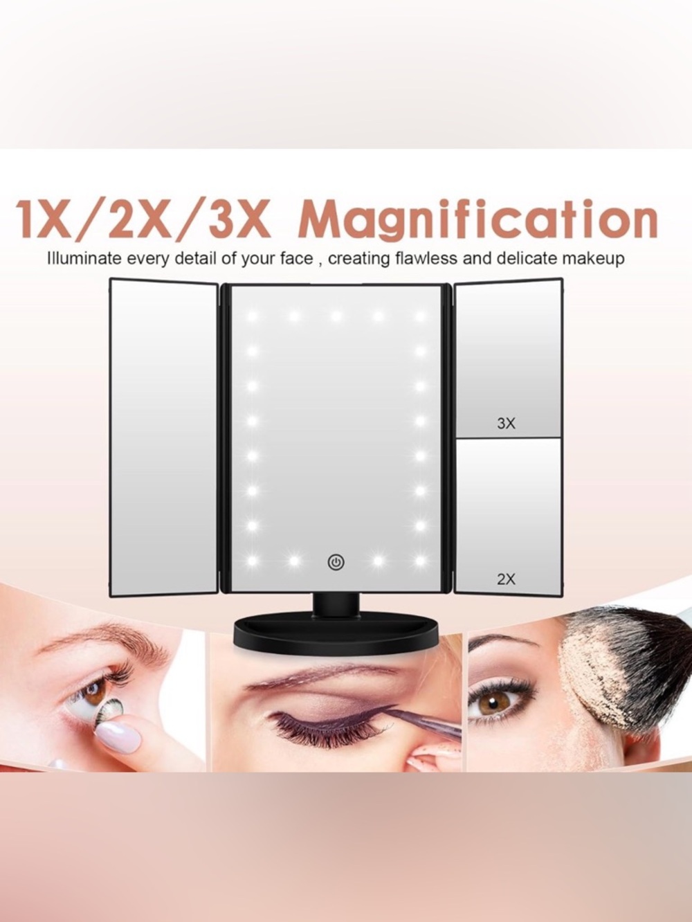 LED Magnifying USB Battery Weily Lighted Tri-Fold Makeup Mirror Adjustable Black